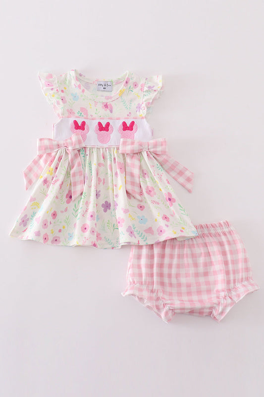 Pink Floral Mouse Embroidery Girl Bloomer Set