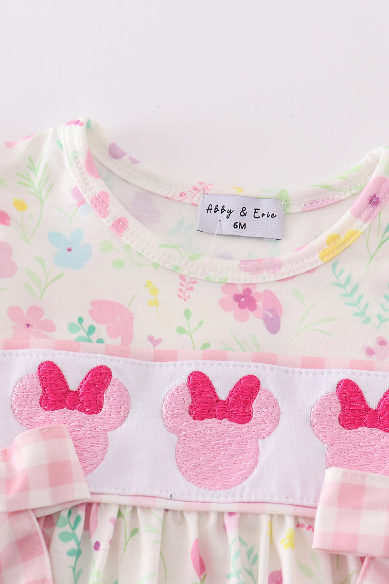 Pink Floral Mouse Embroidery Girl Bloomer Set