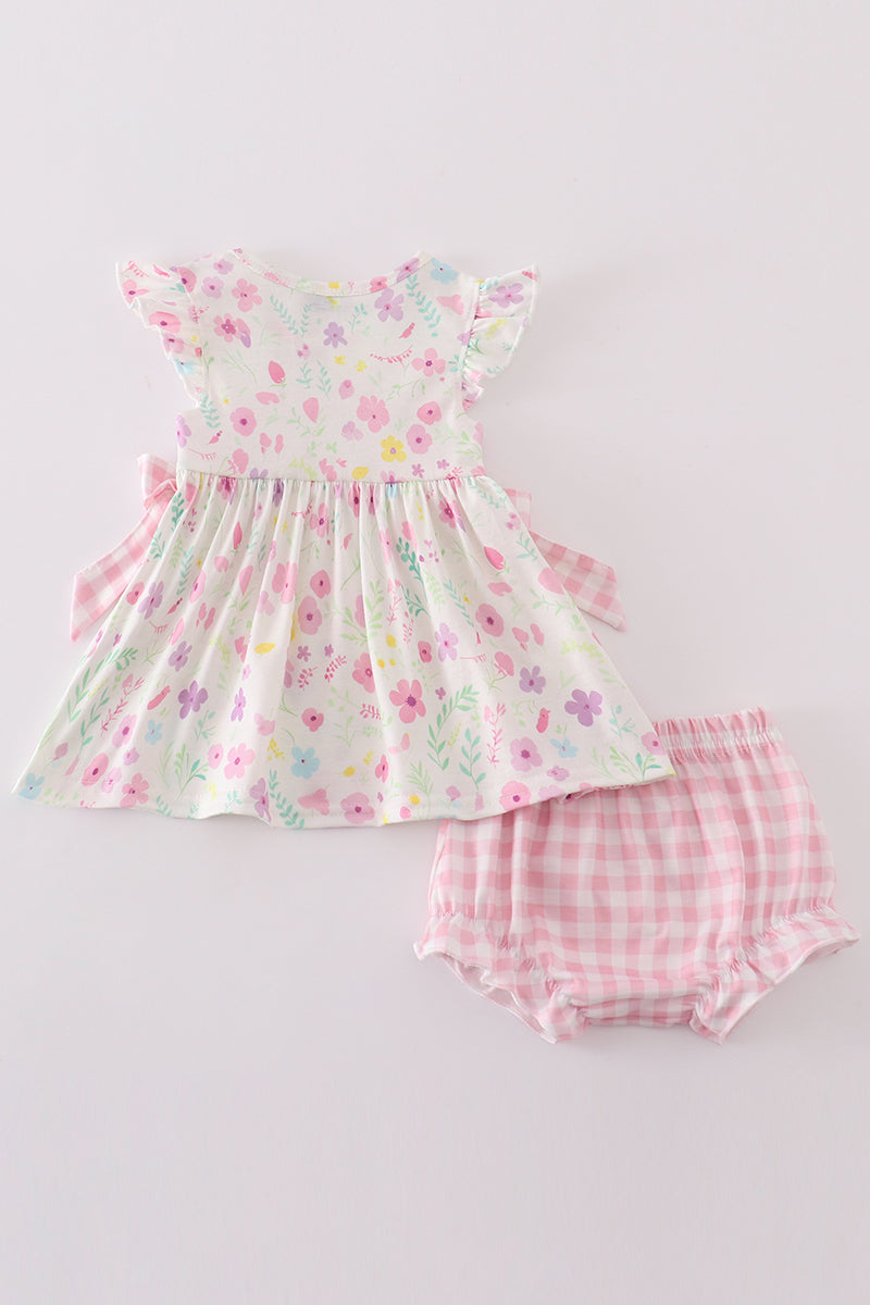 Pink Floral Mouse Embroidery Girl Bloomer Set