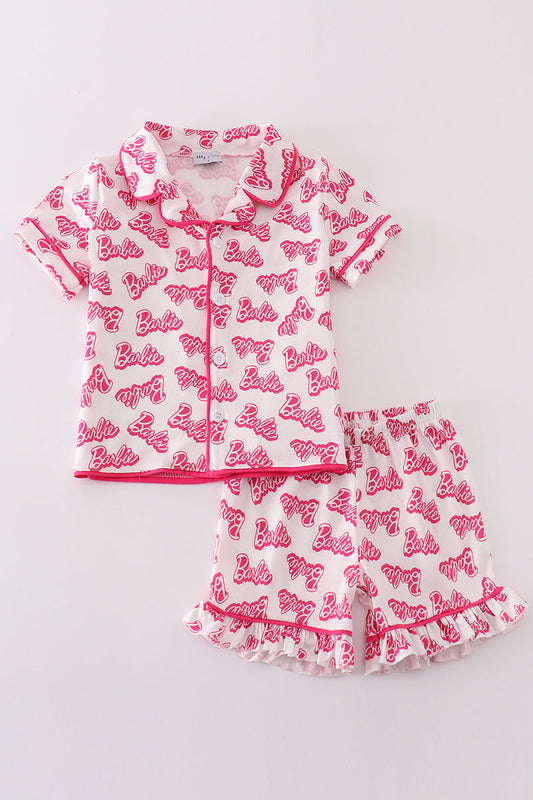 Hot Pink Barbie Embroidery Girl Pajama Set