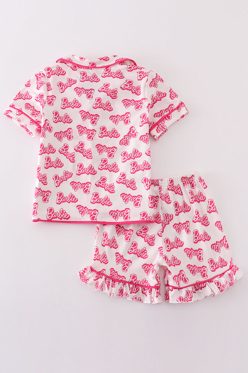 Hot Pink Barbie Embroidery Girl Pajama Set