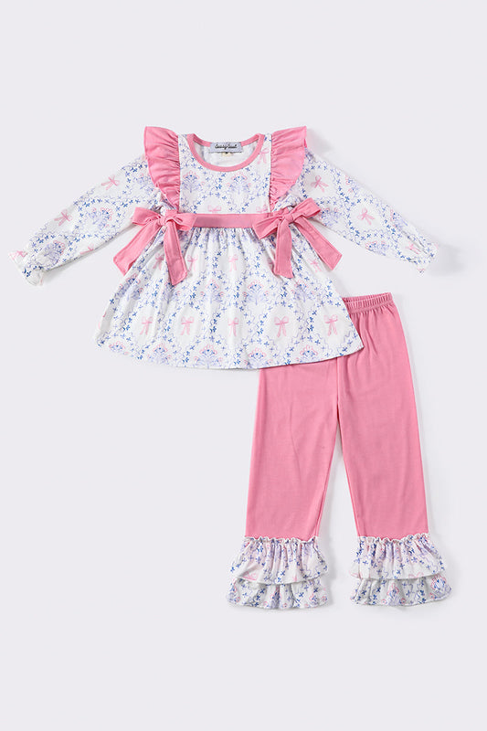 Pink Bow Floral Print Girl Pants Set