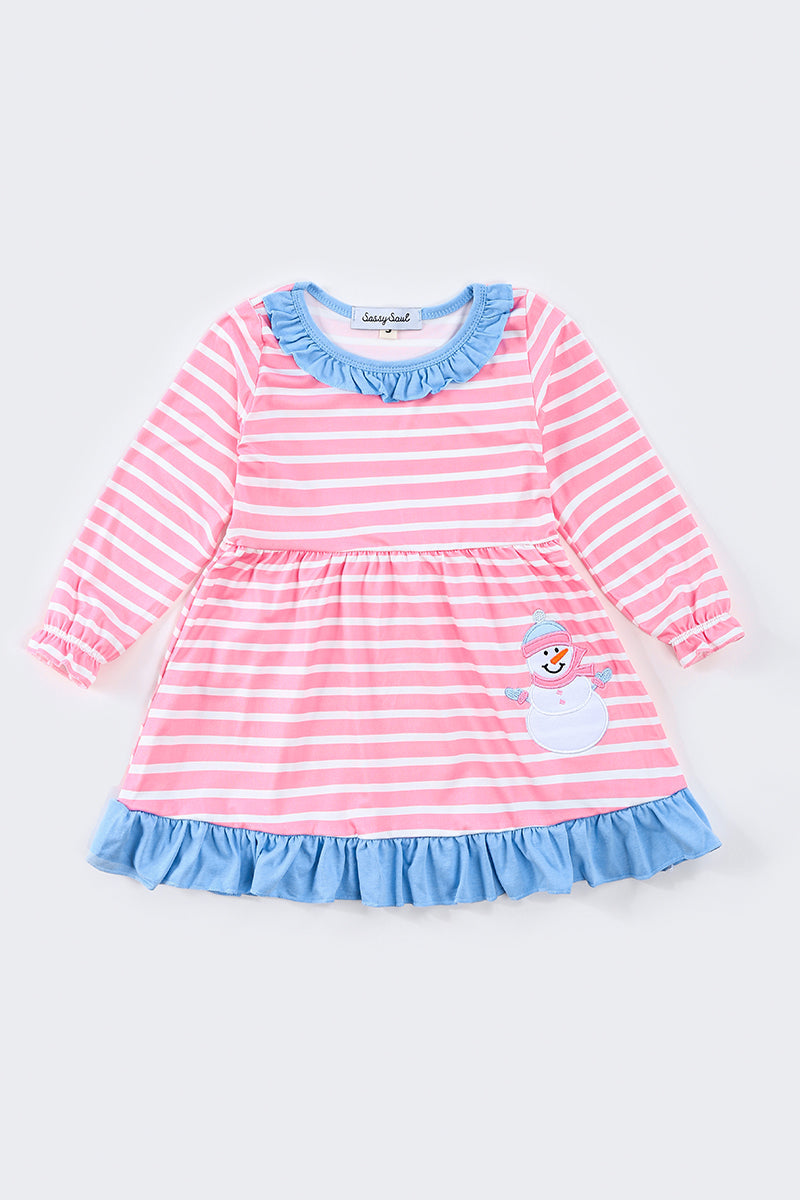 Pink Stripe Christmas Snowman Applique Dress