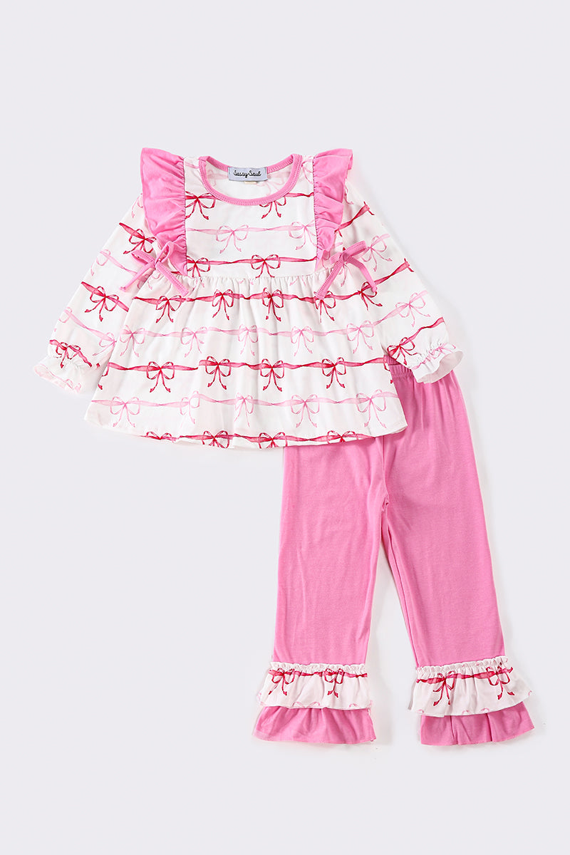 Pink Stripe Bow Print Girl Pants Set