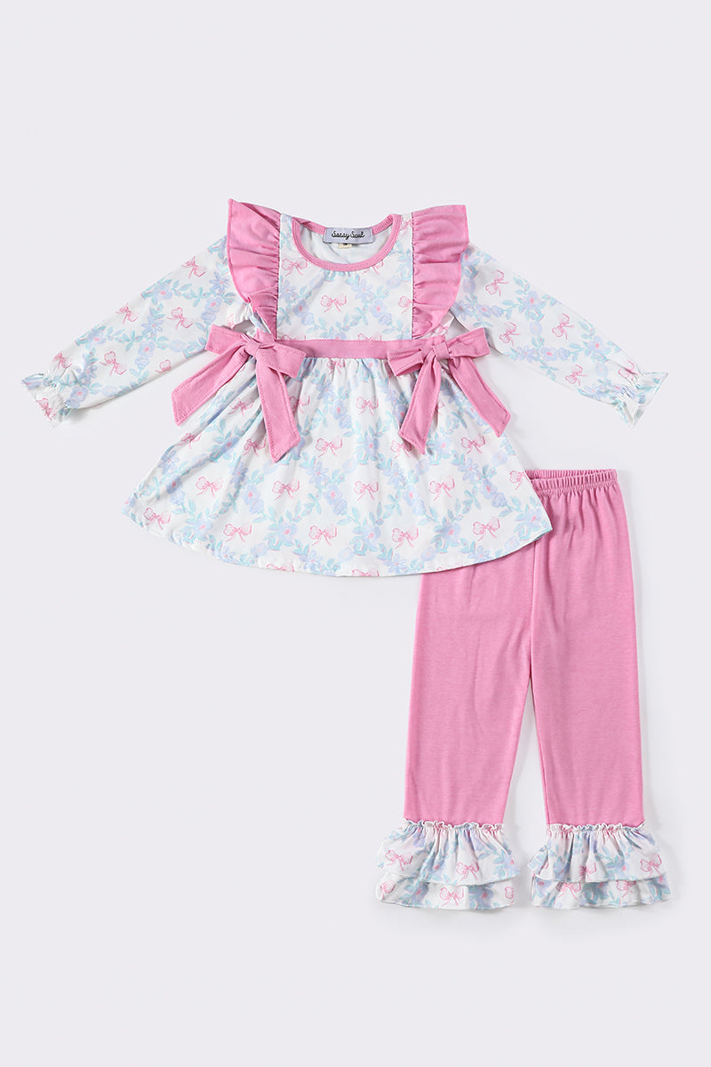 Pink Bow Print Girl Pants Set