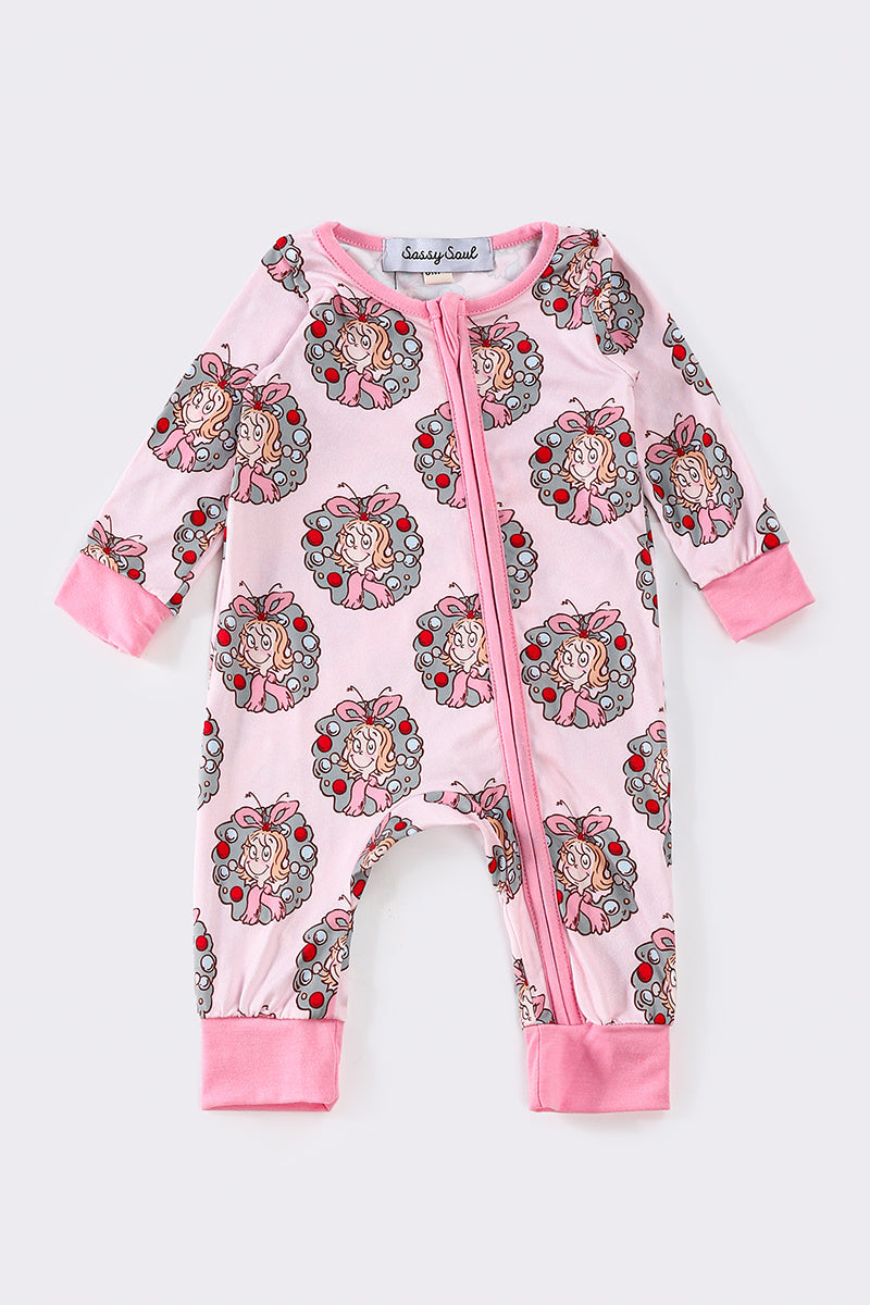 Pink Christmas Character Print Girl Romper