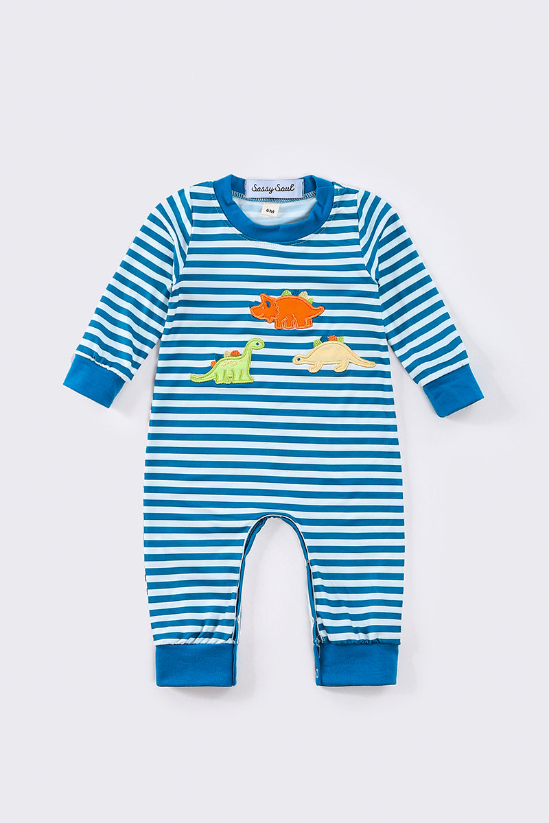 Blue Stripe Dinosaur Applique Boy Romper