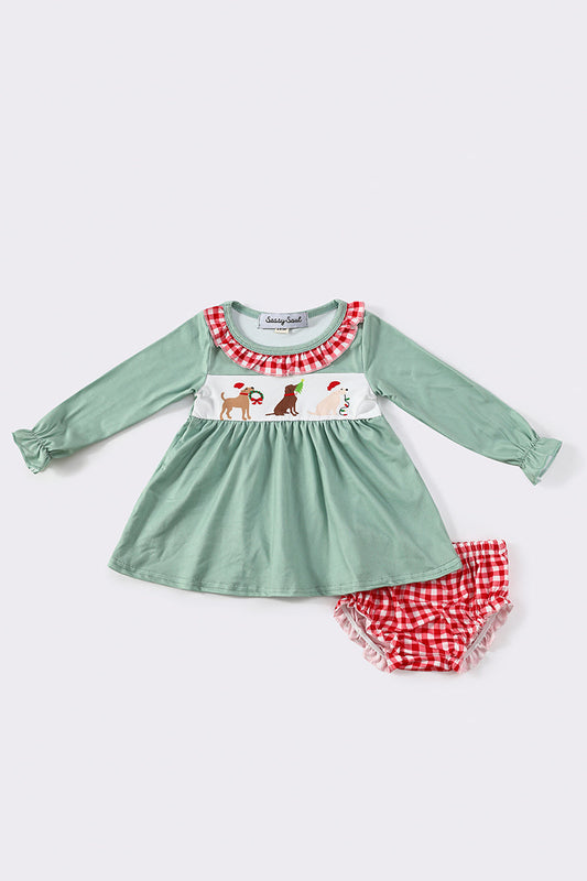 Green Christmas Puppy Print Baby Girl Set