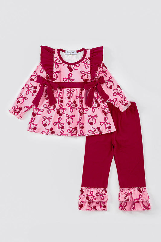 Pink Cherry Bow Print Girl Pants Set