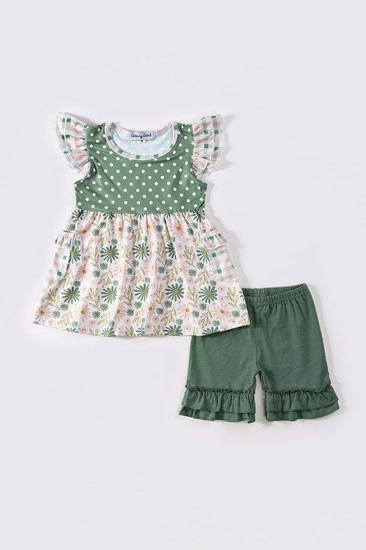 Green Floral Print Dot Girl Set