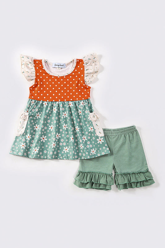 Green & Floral Print Girl Short Set