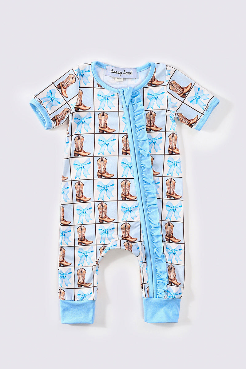 Blue Boots Print Girl Romper