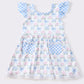 Blue Floral Bow Print Girls Dress