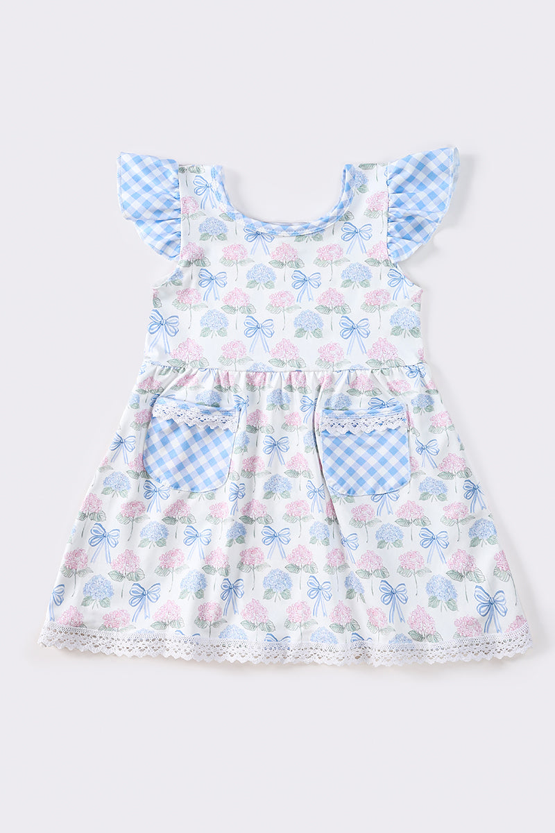 Blue Floral Bow Print Girls Dress