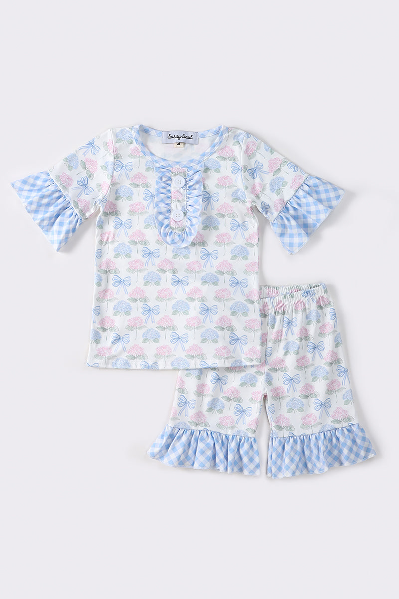 Blue Floral Bow Print Girls Set