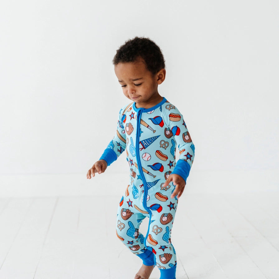 No Place Like Home Blue Baseball Zip Romper w/Convertible Footies