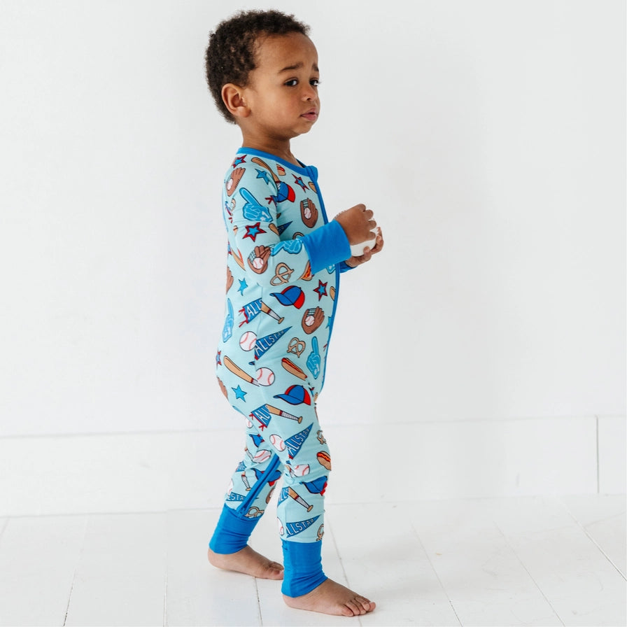 No Place Like Home Blue Baseball Zip Romper w/Convertible Footies