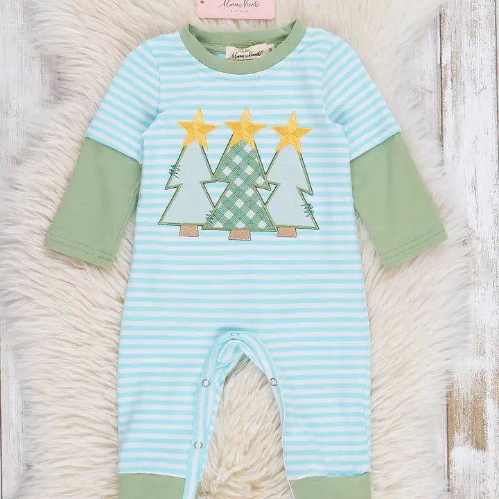 Olive & Blue Striped Christmas Tree Romper