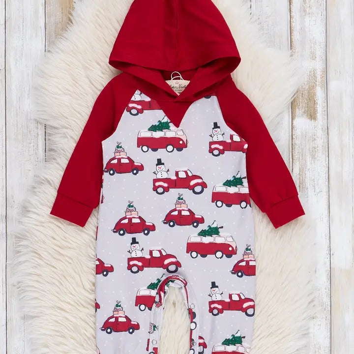 Red & Grey Holiday Tree Cars Raglan Romper