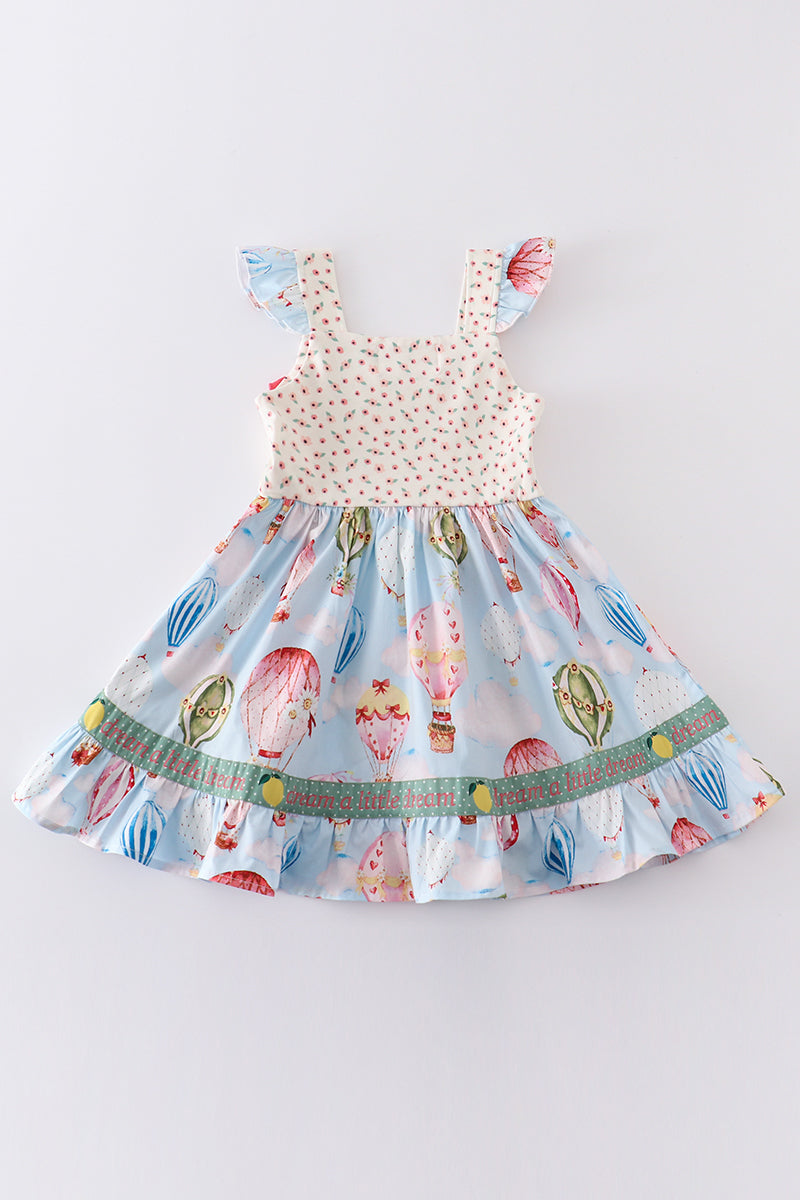 Platinum Balloon Print Floral Flutter Trim Dress