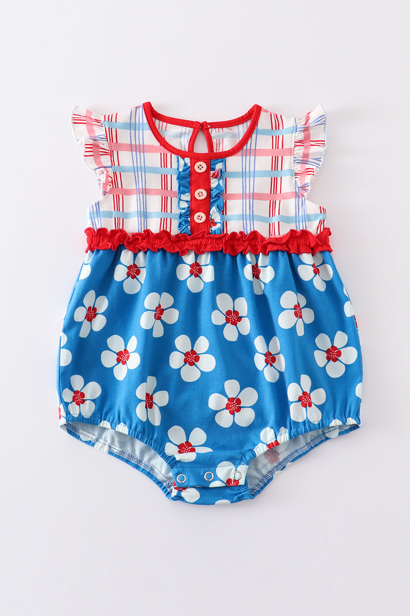 Platinum Blue & White Floral Print Ruffle Girl Romper