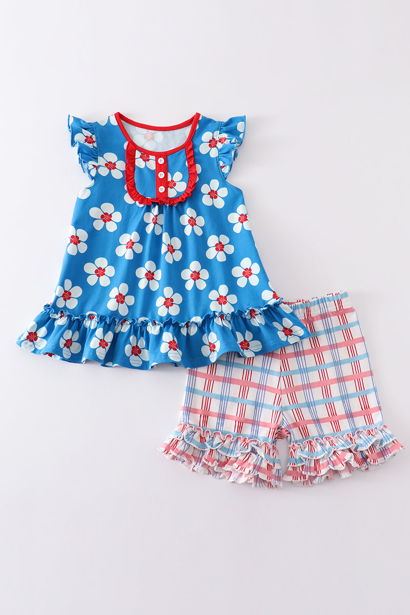 Platinum Blue & White Floral Print Ruffle Girl Set