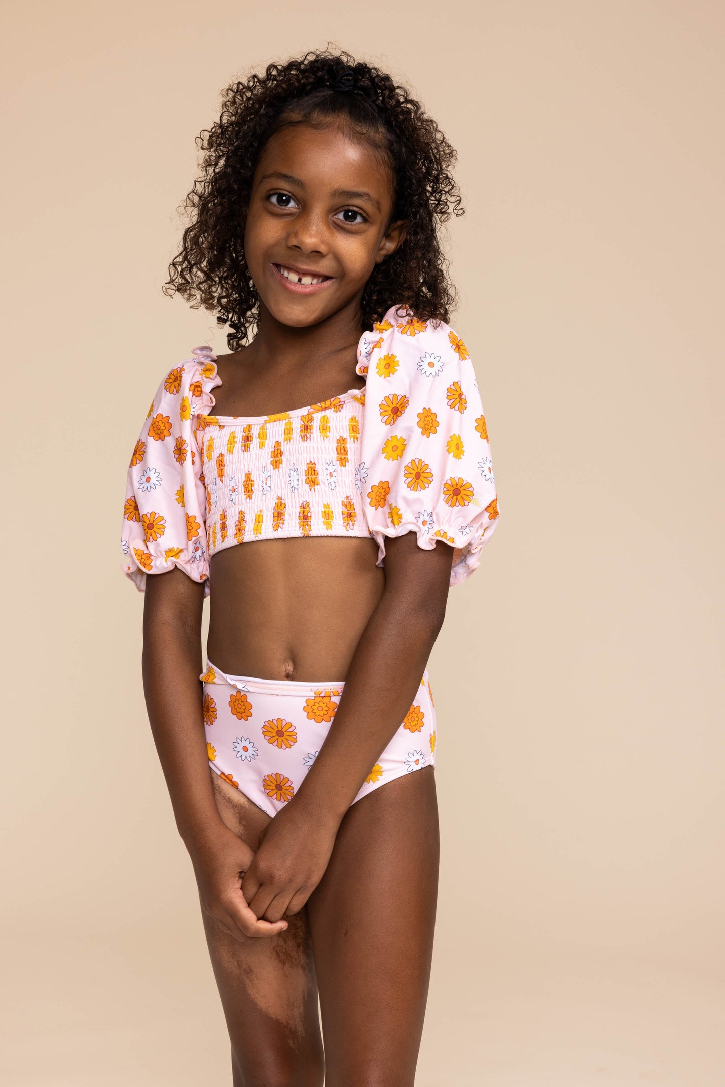 Orange Floral Print Smocked 2Pc Girl Swimsuit