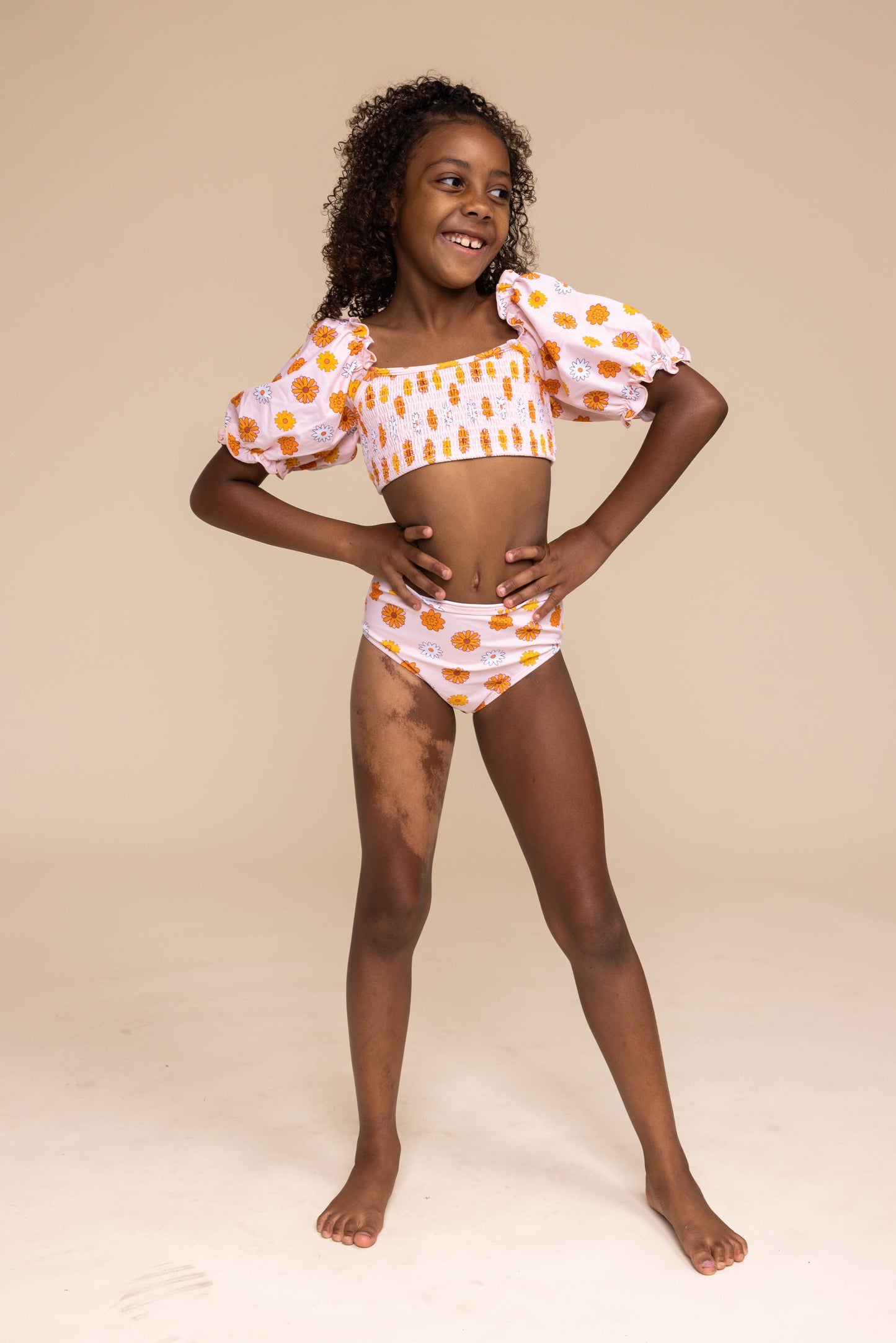 Orange Floral Print Smocked 2Pc Girl Swimsuit