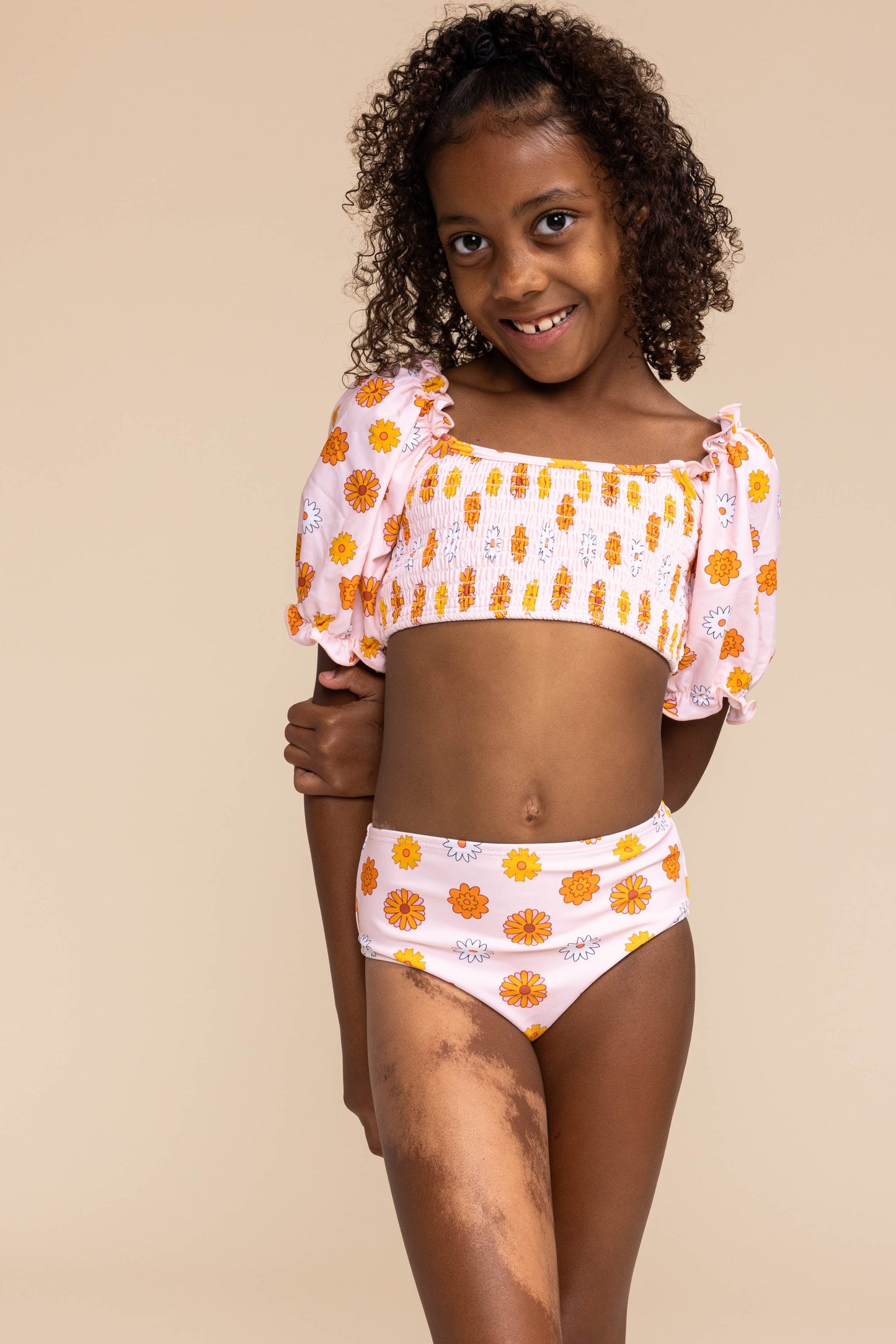 Orange Floral Print Smocked 2Pc Girl Swimsuit