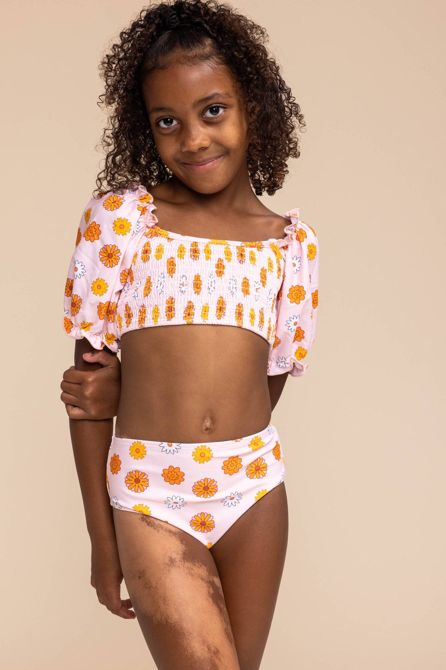 Orange Floral Print Smocked 2Pc Girl Swimsuit