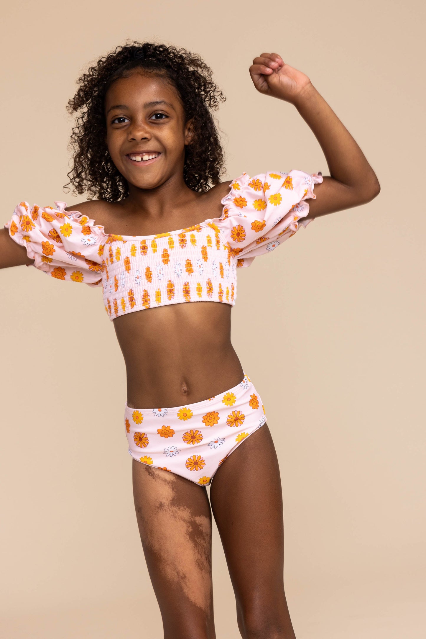 Orange Floral Print Smocked 2Pc Girl Swimsuit