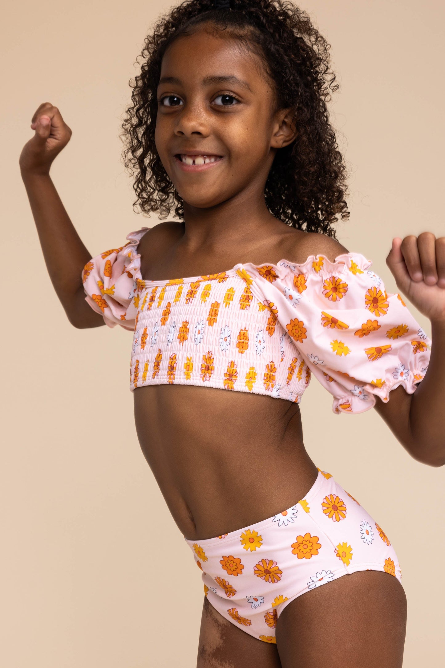 Orange Floral Print Smocked 2Pc Girl Swimsuit