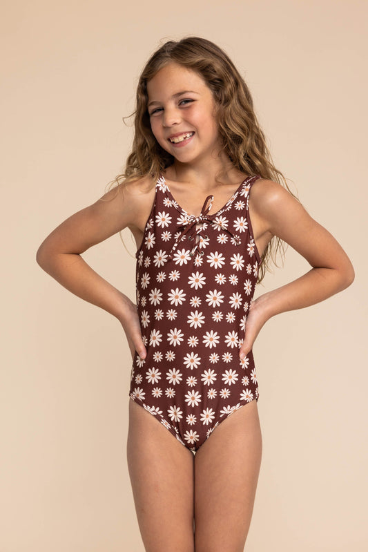 Warm Brown Floral Print Tie One Piece Girl Swimsuit