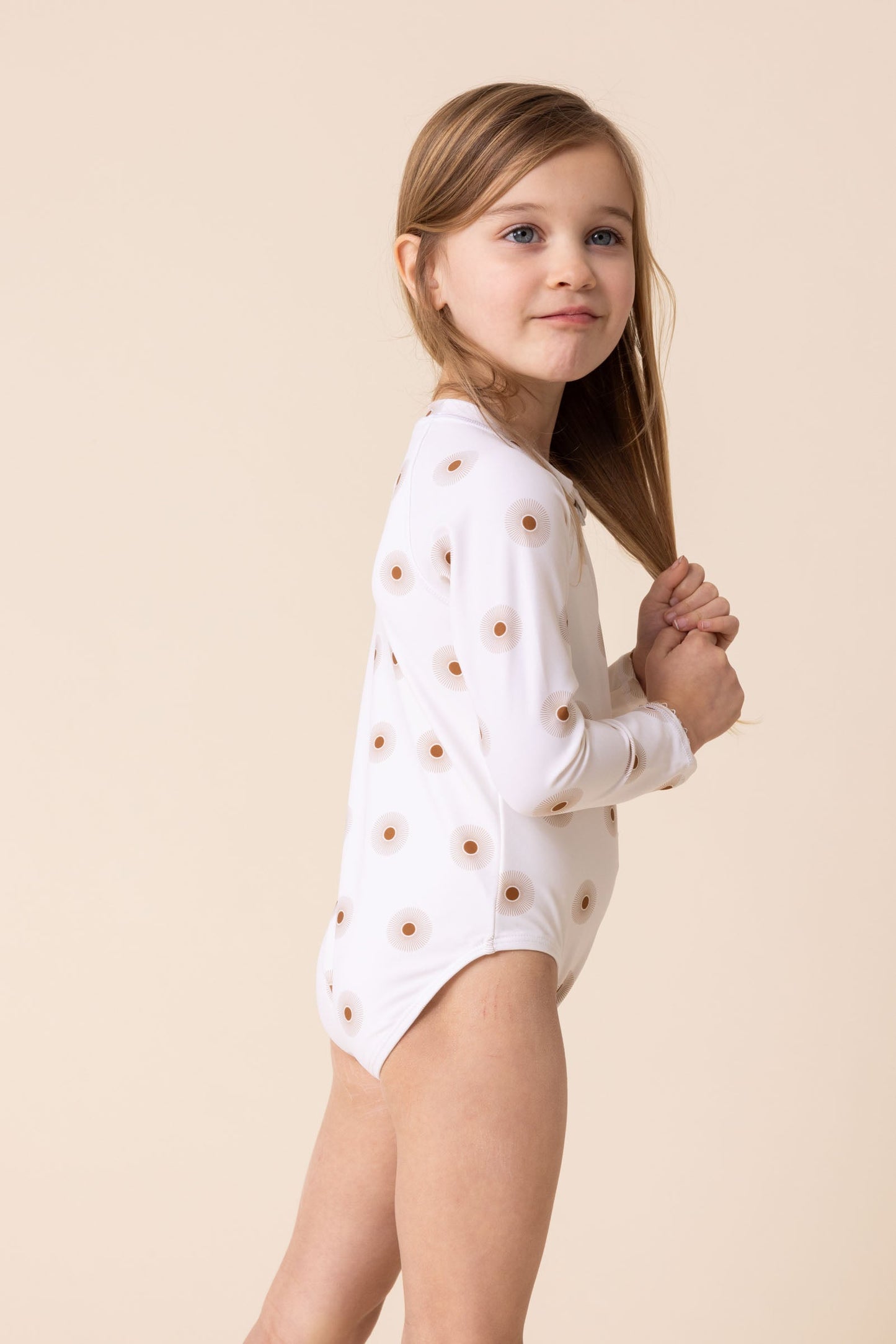 White Floral Print Rashguard Girl Swimsuit