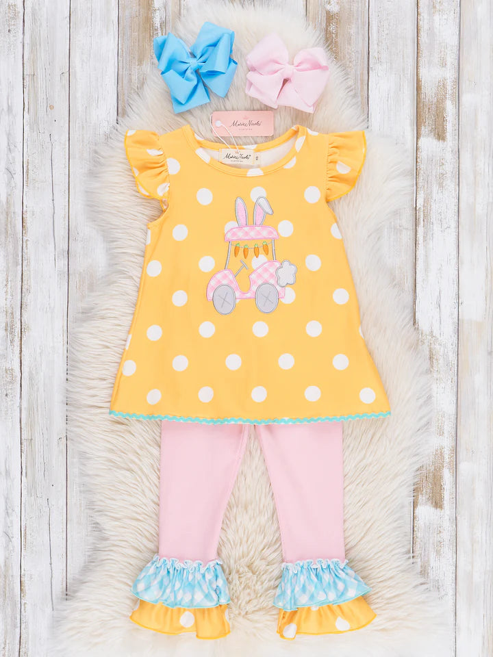 Yellow Embroidered Bunny Car Polka Dot Outfit