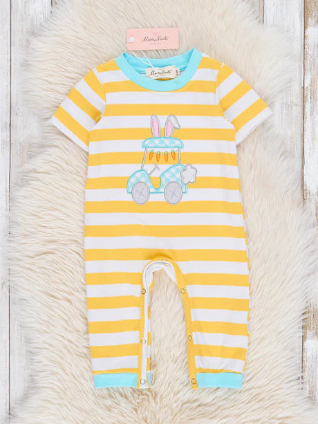 Yellow Embroidered Bunny Car Striped Romper