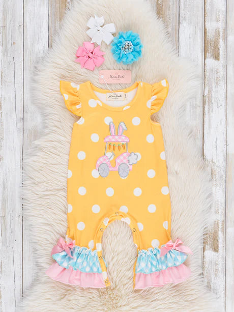 Yellow Embroidered Bunny Car Polka Dot Ruffle Romper