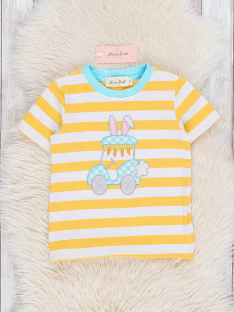 Yellow Embroidered Bunny Car Striped Shirt